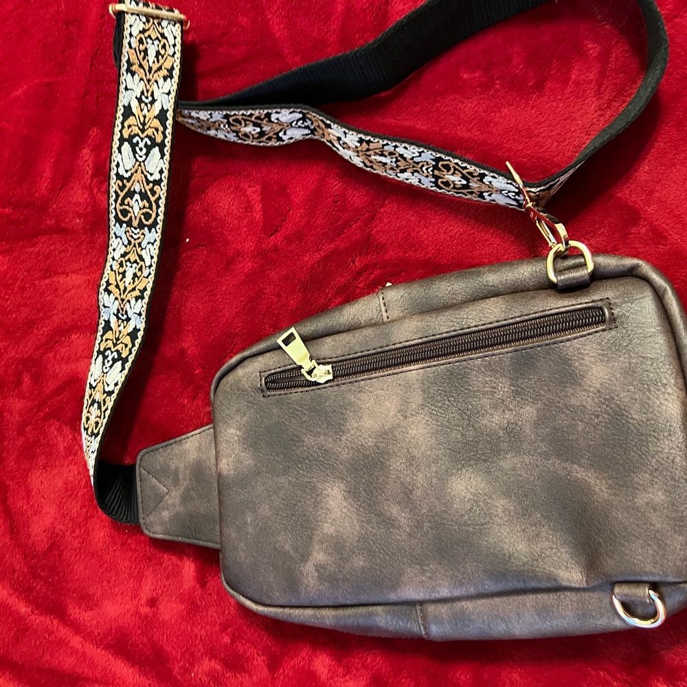 Quilted Brown Belt Bag with Patterned Strap